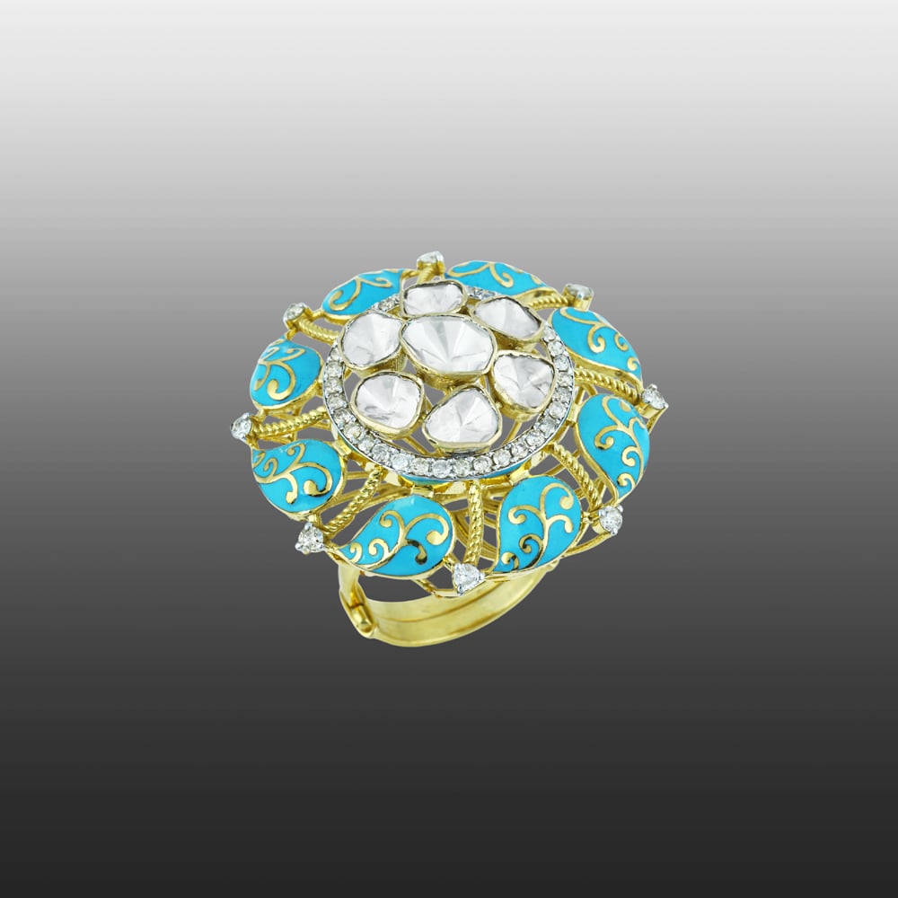 Polki Ring with Turquoise Enamel and Gold Accents